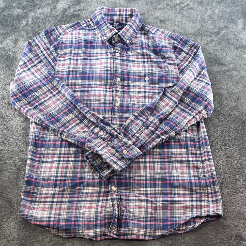 Vineyard Vines Slim Longshore Shirt Mens Small Blue Pink Plaid Cotton Linen